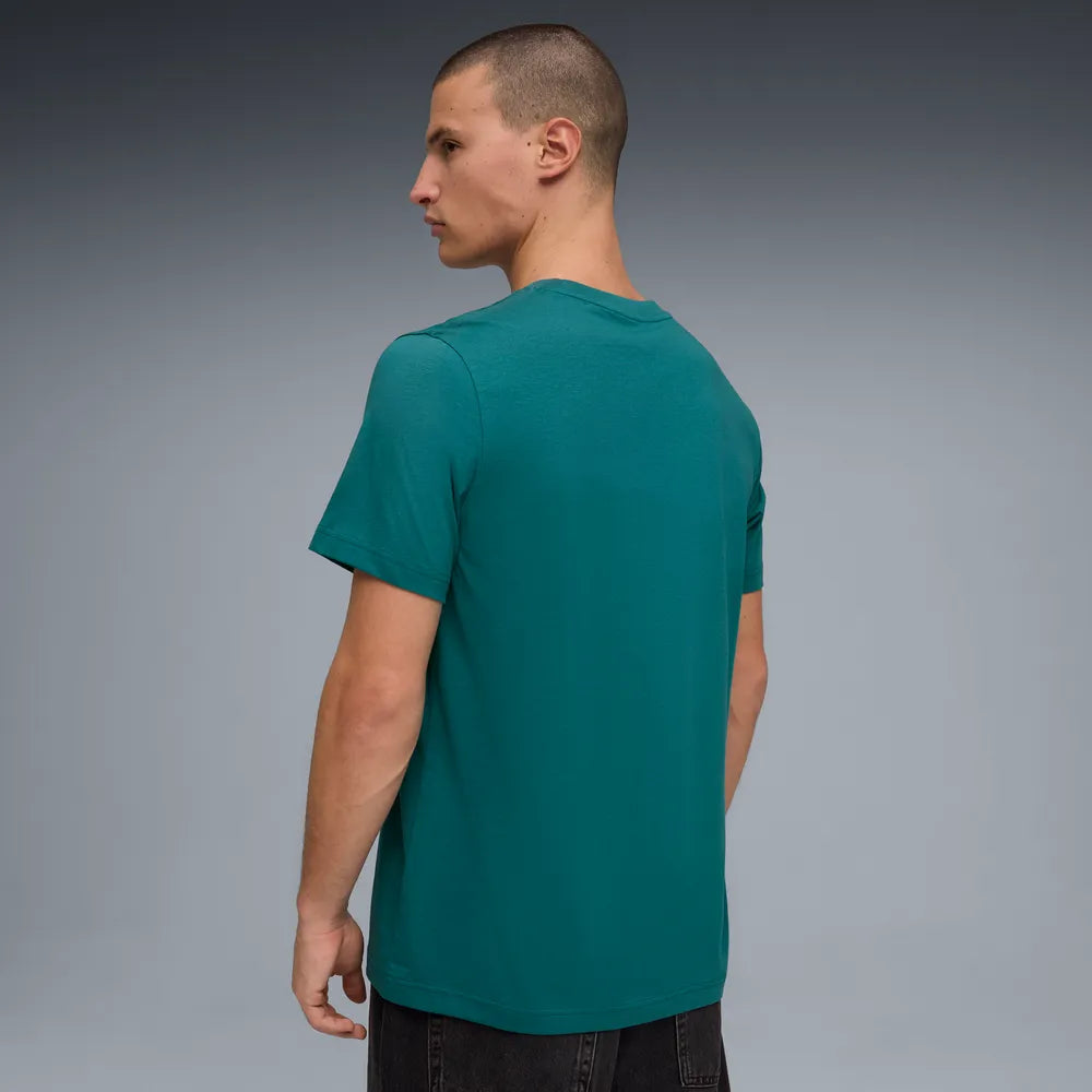 PUMA GRAPHIC WORDING SHORT SLEEVE TEE MENS - Emerald Ice, lifestyle side view worn by model